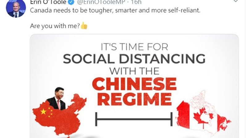 加拿大国会议员奥图尔发推特谴责中国,呼吁和中国保持距离。 (推特截图)